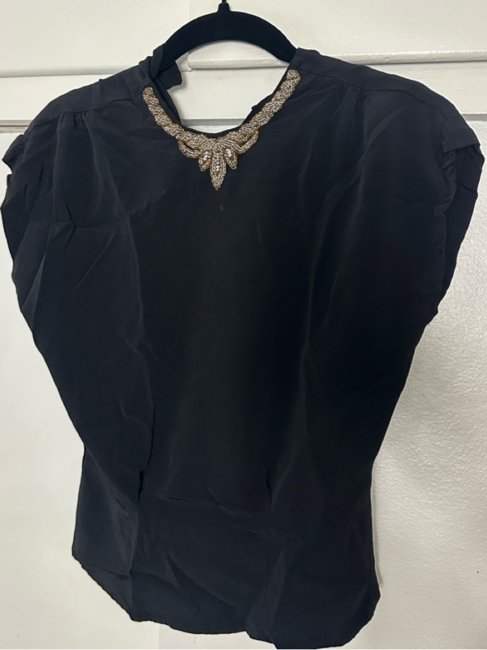 Vintage Alice Stuart Black Blouse w/ Beaded Embroidered Neckline | Size 32
